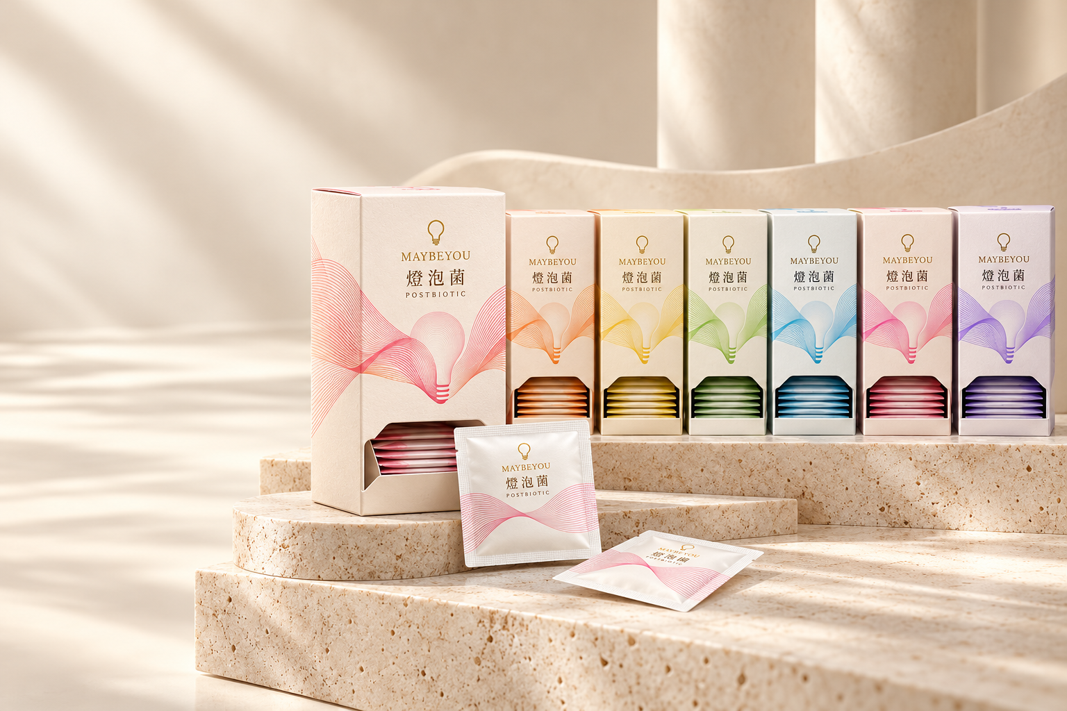 MAYBEYOU 紅、橙、黃、綠、藍、粉、紫七色燈泡菌大型商品展示，包裝重製示意