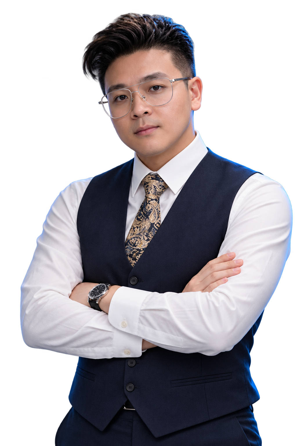 直播軍師 David Chen，戴著眼鏡、穿著深色背心與領帶的半身形象照，依提供照片重製